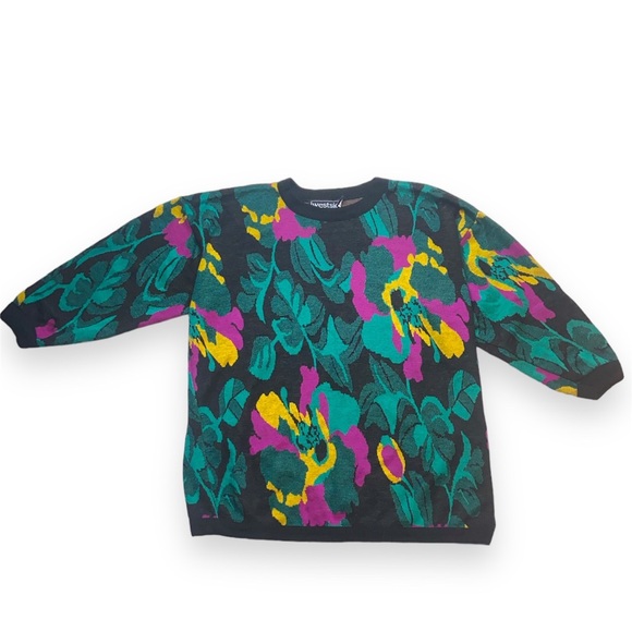 Black and Teal Floral Vintage Knit Sweater Medium - Picture 1 of 6